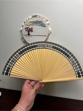 Christian Dior Riviera Black and Beige Bamboo Folding Wall Fan with CD trim